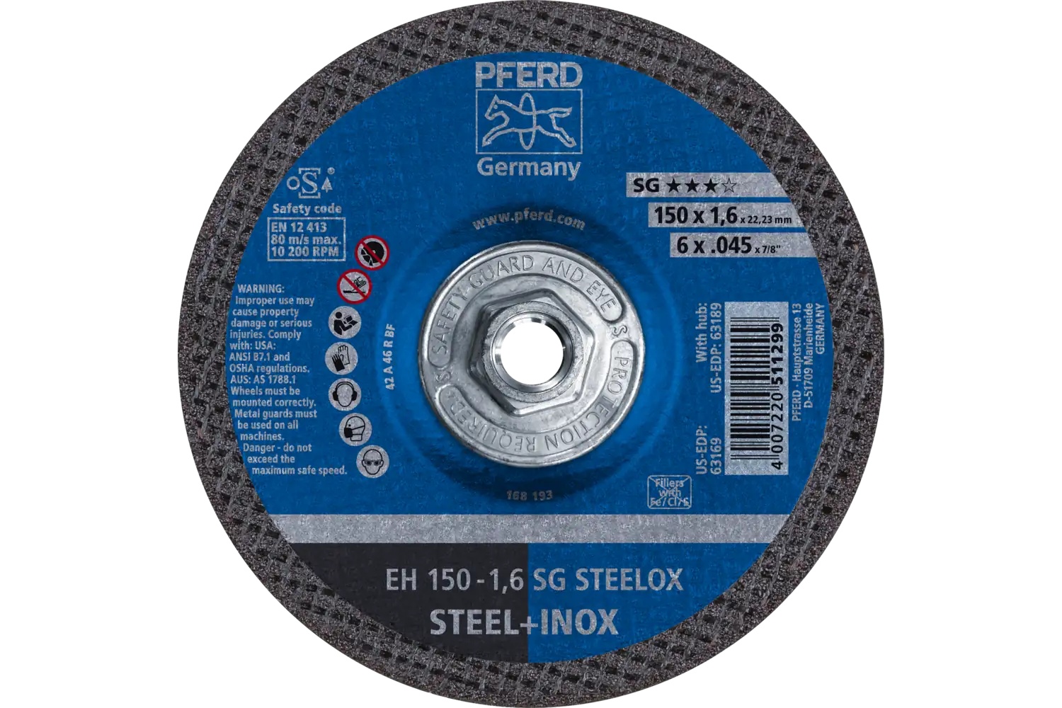 Picture of Pferd Cut-Off Wheel, 6" X .045 X 5/8-11, Sg Steelox, T27, Aluminum Oxide